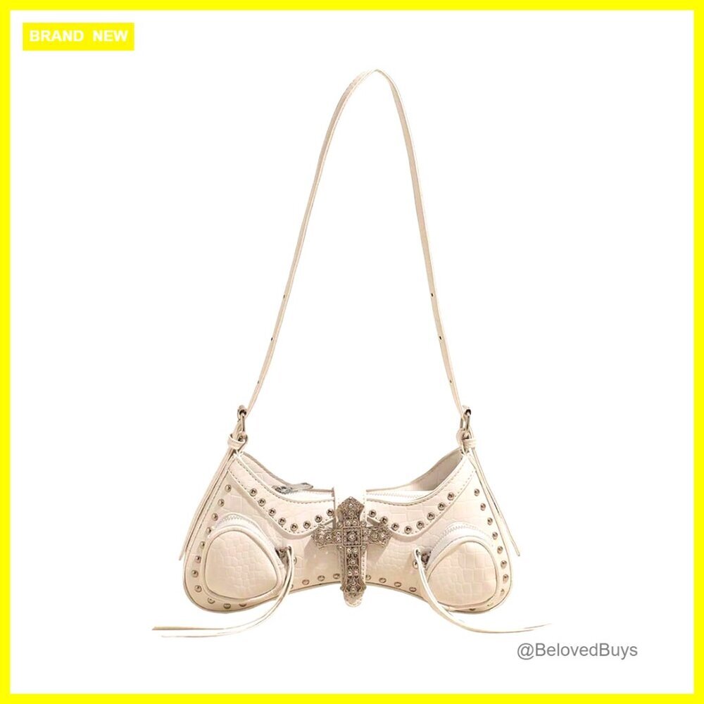 Y2K Studded Cross Shoulder Handbag Punk Top Handle Crescent Underarm Bag